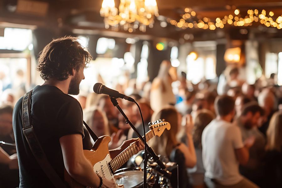 Musician playing electric guitar and singing on stage in a lively, crowded bar with warm lighting.