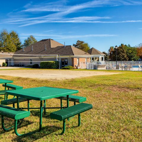 Green picnic tables on a grassy area near a volleyball court, pool, and buildings under a blue sky.