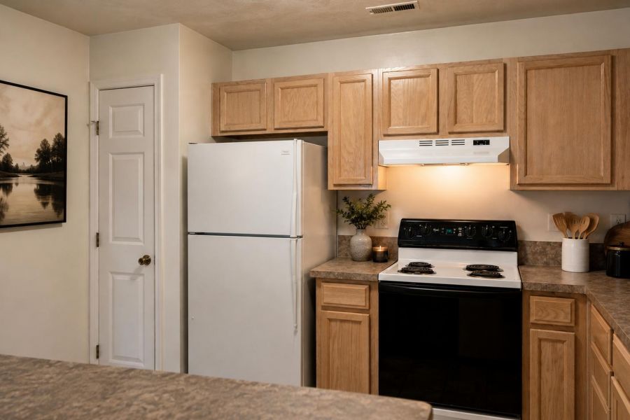 A kitchen with light wood cabinets, a white fridge, electric stove, vent hood, and countertop decor.