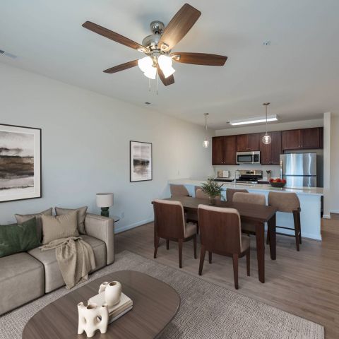 Modern open-concept living and dining area with neutral décor, wood furniture, and a bright kitchen in the background.