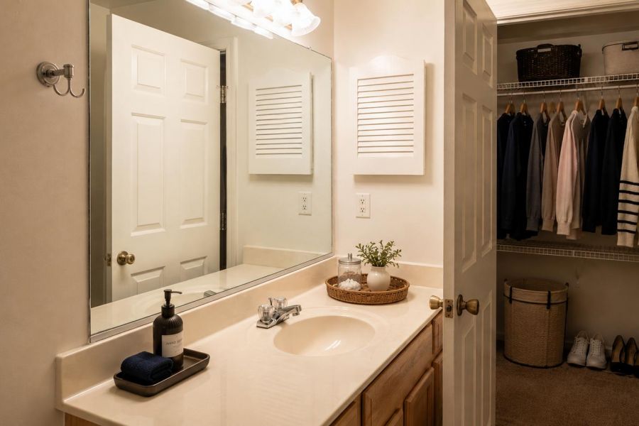 Bathroom with a sink, mirror, and soap on the counter. The door is open, revealing a walk-in closet with clothes and shoes.