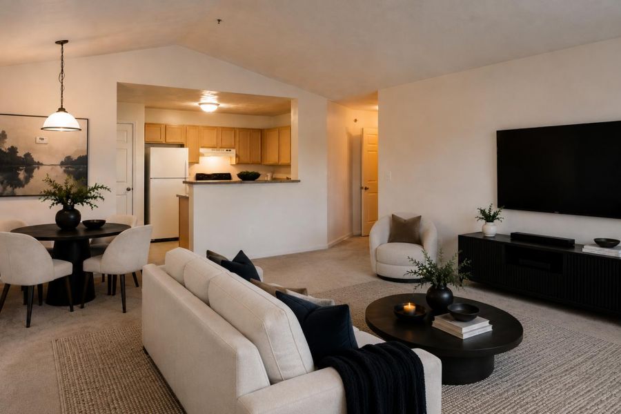 Modern living room with a TV, beige sofa, black coffee table, dining area, and open kitchen in neutral tones.