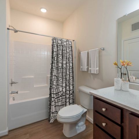 Modern bathroom with a bathtub, geometric shower curtain, toilet, and vanity with a mirror and flowers.
