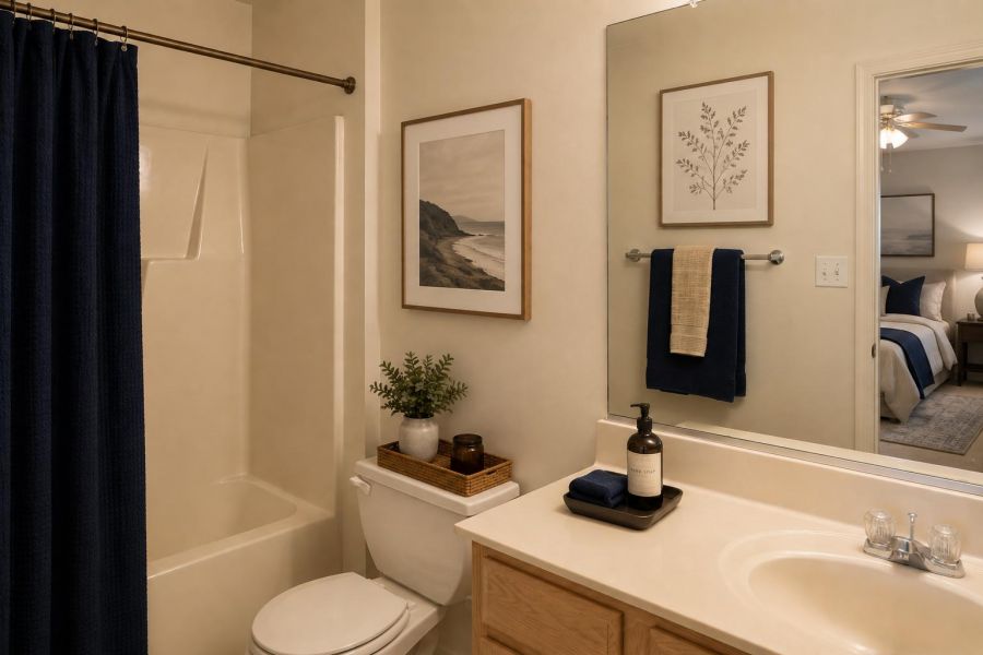 Bathroom with a shower, navy curtain, toilet, framed art, towel, plant, and bedroom seen in mirror reflection.