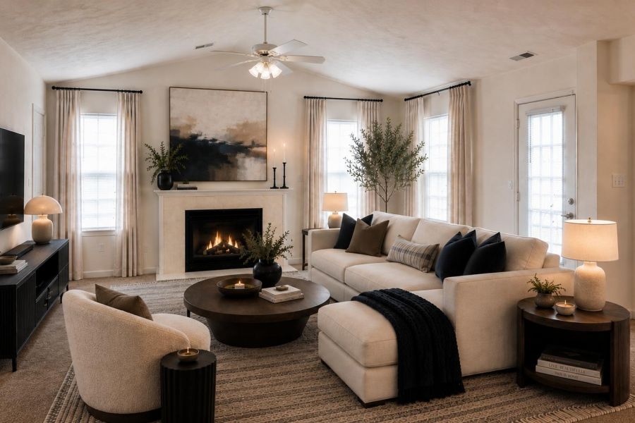 Modern living room with a sectional sofa, armchair, fireplace, TV, round tables, lamps, and neutral decor.