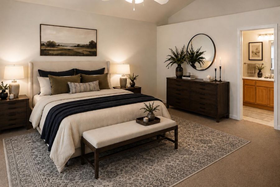 Elegant bedroom with a large bed, bench, matching nightstands, dresser, and a view into a well-lit bathroom.