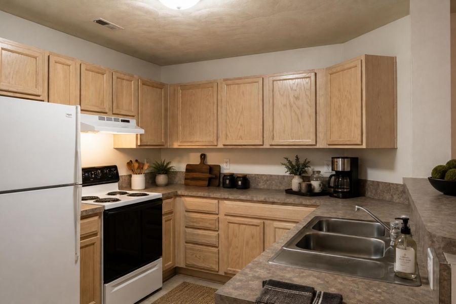 Modern kitchen with light wood cabinets, white appliances, a sink, coffee maker, and countertop decor under warm lighting.